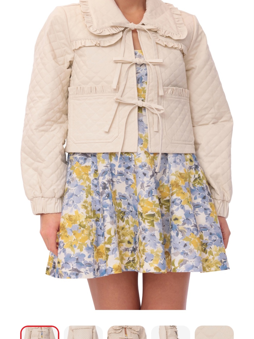 Avec Les Filles Ivory Quilted Short Jacket Ruffle Collar Tie Front Women's XL